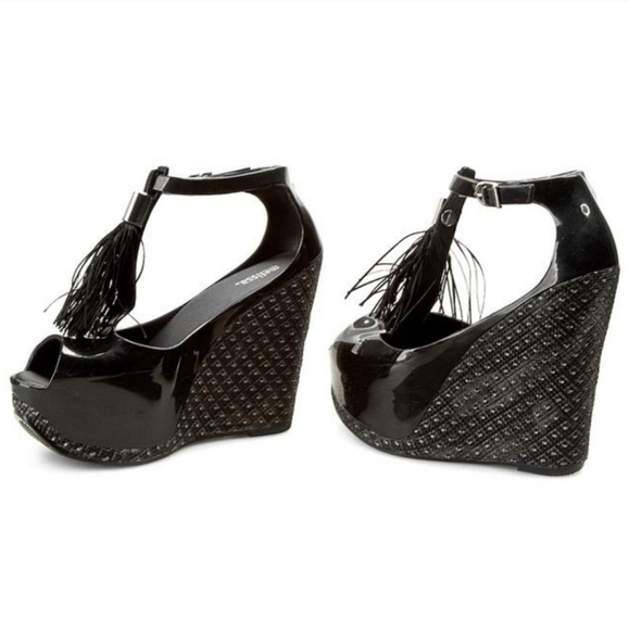 Melissa Peace Peep Toe Platform Wedge Black Patent Sandal New - Picture 2 of 5